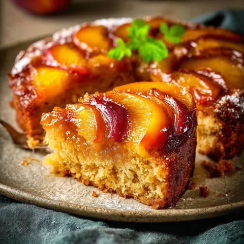 A slice of bourbon peach upside-down cake.