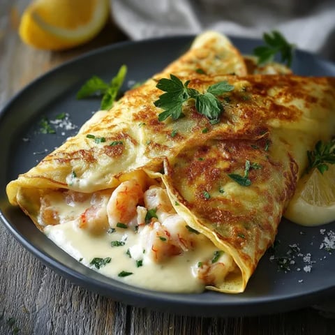 A plate of seafood crepes with a white sauce.