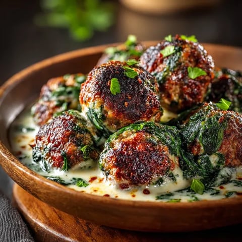 A bowl of meatballs with spinach and garlic.