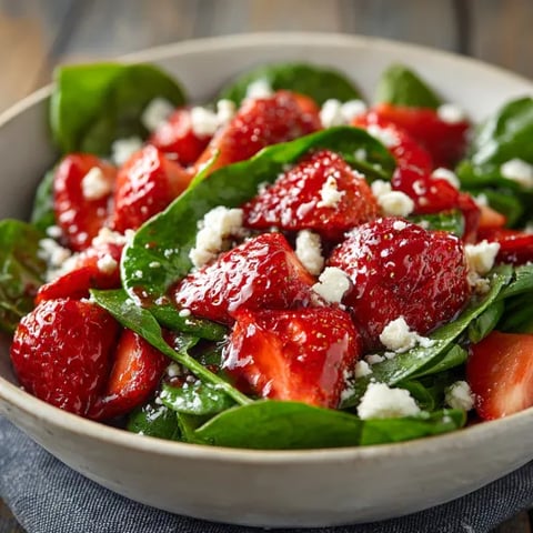 A bowl of salad with strawberries and feta cheese.