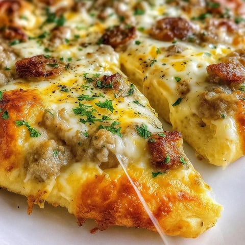 A slice of sausage gravy biscuit breakfast pizza.