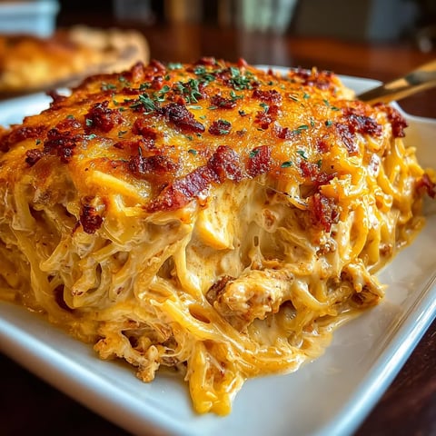 A plate of spicy southern cheesy chicken spaghetti casserole.
