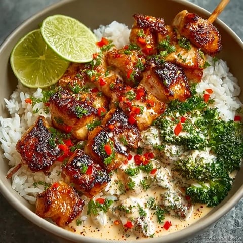 A bowl of food with chicken, rice, and broccoli.
