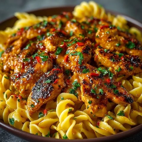 A bowl of pasta with chicken and peppers.