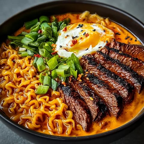 A bowl of spicy Korean ramen with grilled beef and creamy sauce.