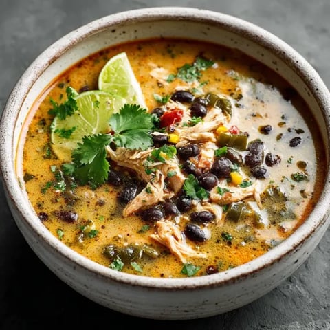 A bowl of soup with a spoon in it.