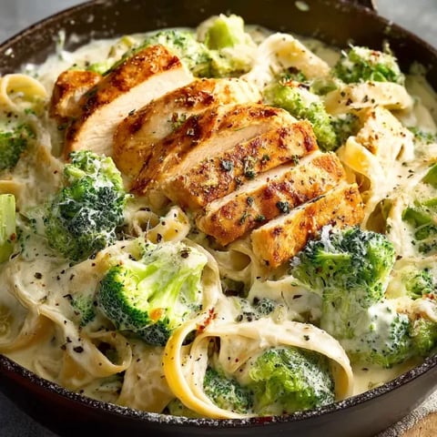 A bowl of chicken and broccoli alfredo.