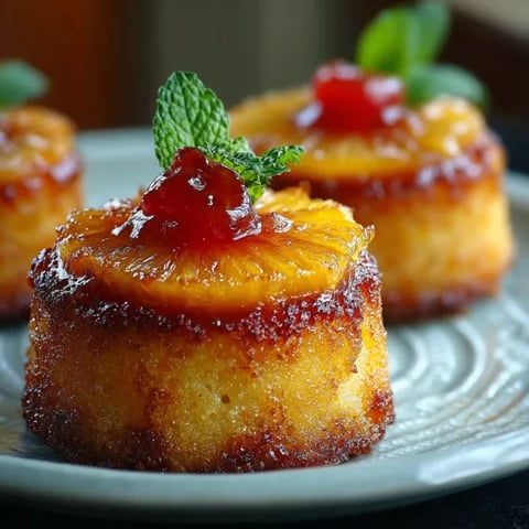 Three mini pineapple upside down cakes on a plate.
