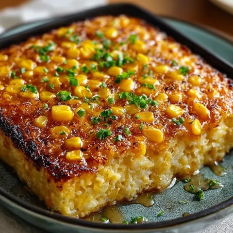 A close up of a honey-glazed corn casserole.