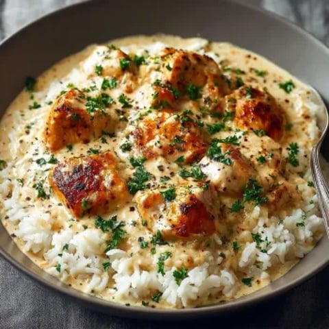 A bowl of creamy smothered chicken and rice.