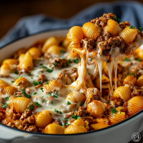 A bowl of creamy beef and shells.