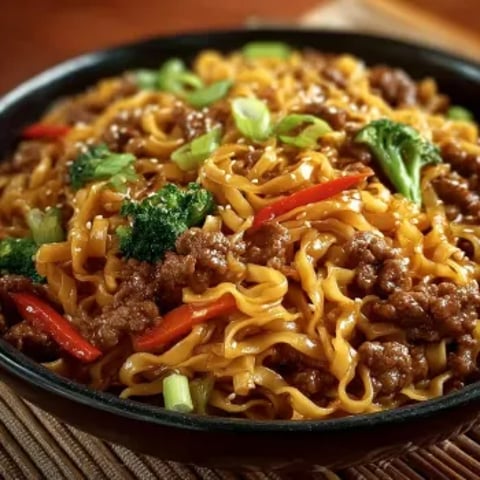 A plate of Mongolian ground beef noodles.
