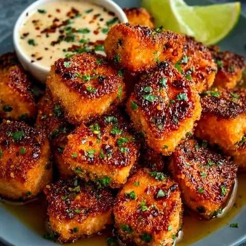 A plate of sweet and spicy crispy salmon nuggets.