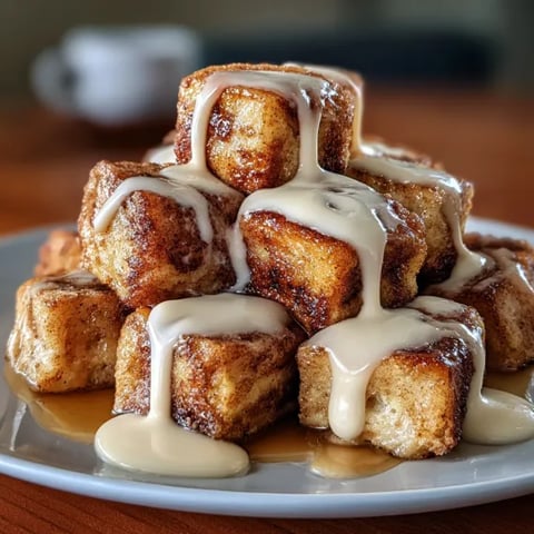 A stack of cinnamon roll french toast bites.