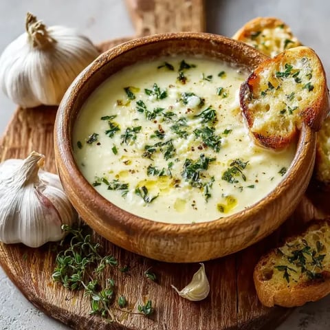 A bowl of garlic sauce with bread and garlic.