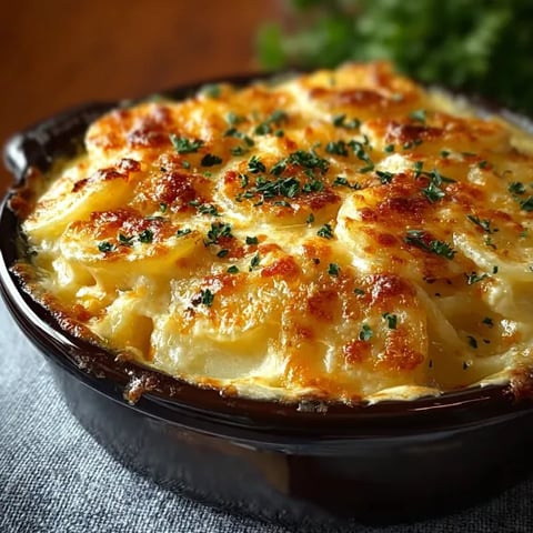 A dish of slow-cooked cheesy scalloped potatoes.