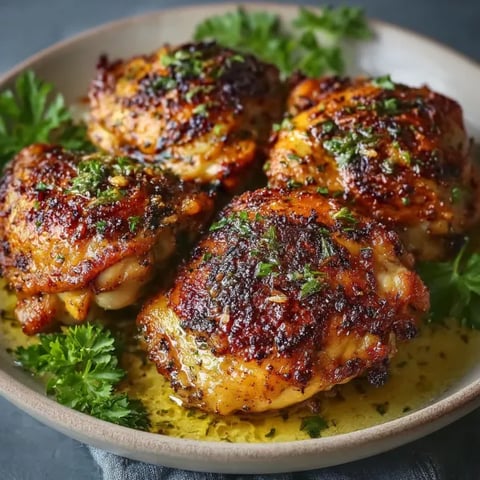 A plate of baked boneless chicken thighs.