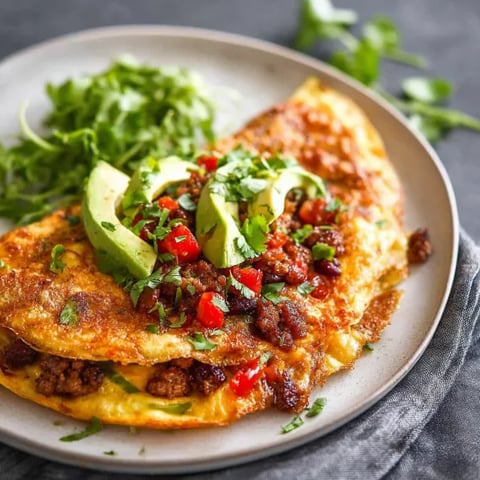 A plate of food with a chorizo omelette and a salad.