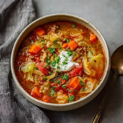 A bowl of soup with a spoon in it.