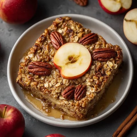 A square piece of baked apple oatmeal with a slice of apple on top.