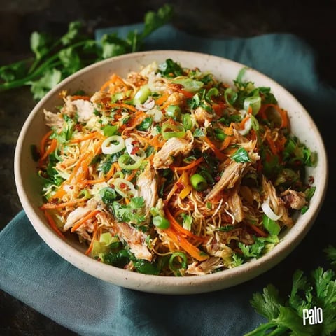 A bowl of Asian chicken noodle salad.