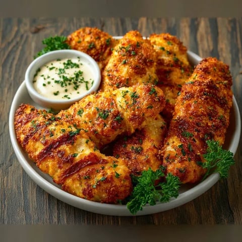 A plate of keto chicken tenders with a dipping sauce.