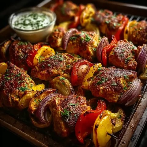 Chicken kebabs on a wooden tray.