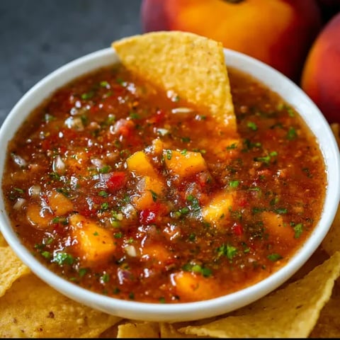 A bowl of grilled peach salsa with chips.