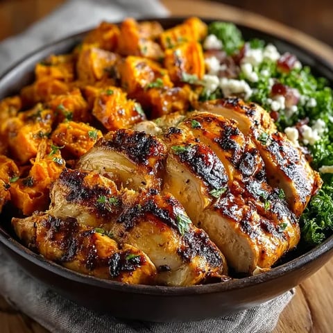 A bowl of grilled chicken and sweet potato.