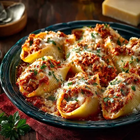 A plate of stuffed shells with cheese and tomato sauce.