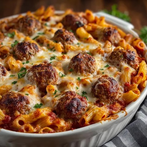 A dish of baked ziti with meatballs.