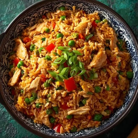 A bowl of rice with chicken and peppers.