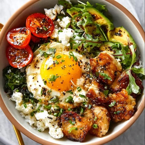 A savory breakfast bowl with eggs, tomatoes, and greens.