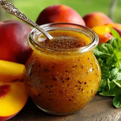 A jar of honey sits on a table next to peaches.