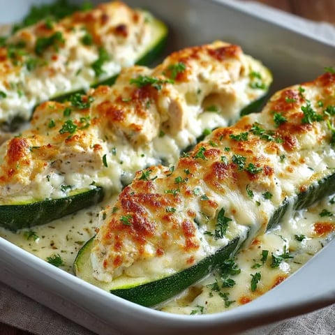A plate of chicken alfredo stuffed zucchini boats.