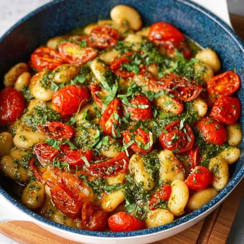 A bowl of tomato basil butter beans.