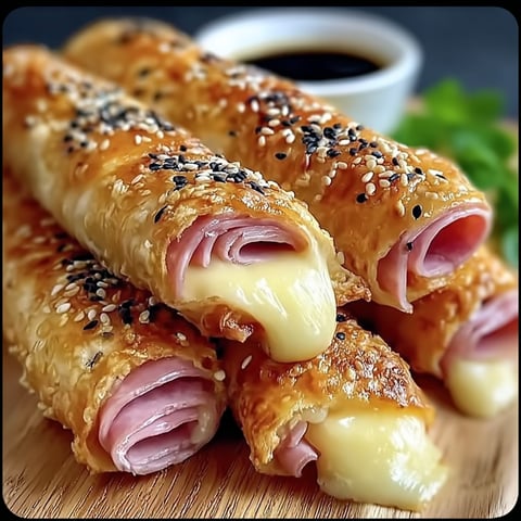 Three ham and cheese sticks on a wooden table.