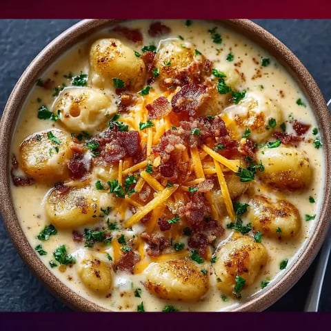A bowl of soup with bacon and cheese.