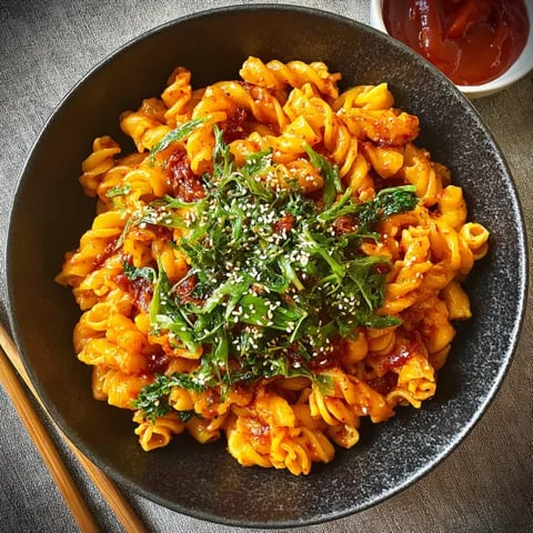 A bowl of pasta with a green topping.