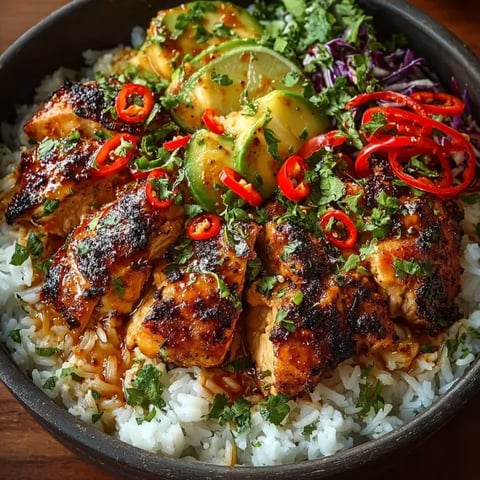A bowl of spicy maple chicken and coconut rice.