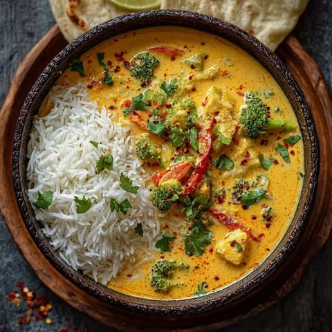 A bowl of creamy vegetable korma with rice and broccoli.