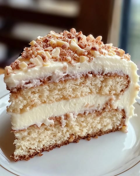 A slice of white German chocolate cake.