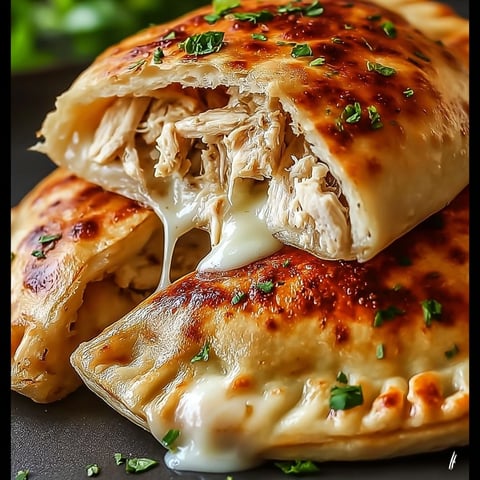 A close up of a chicken Alfredo calzone.