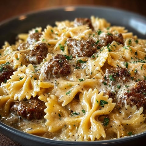 A bowl of creamy beef bowtie pasta.