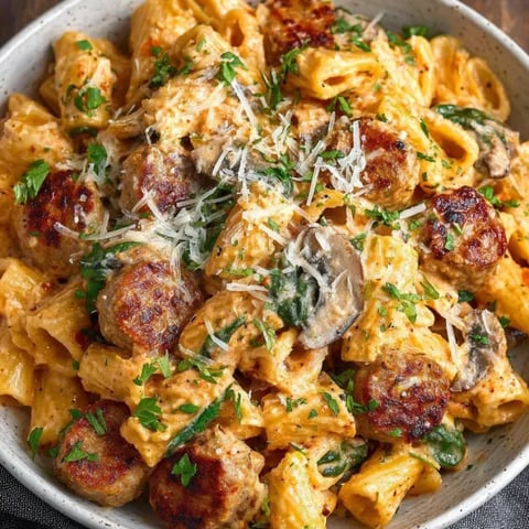 A bowl of pasta with chicken sausage and mushrooms.