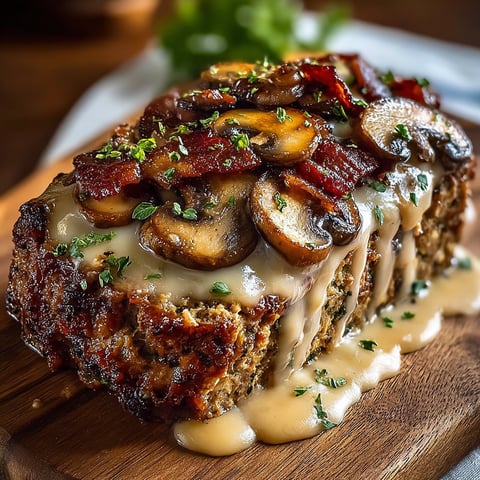 A close up of a meatloaf with mushrooms and bacon on top.