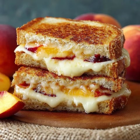 A grilled cheese sandwich with peaches and white cheddar cheese.