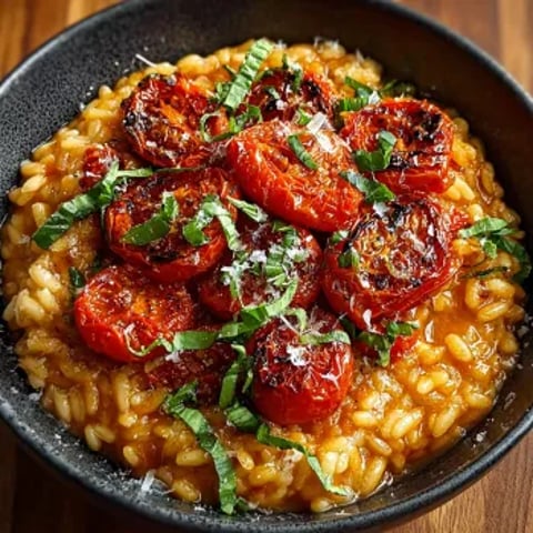 A bowl of roasted tomato risotto.