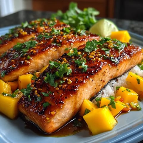 A plate of food with salmon and mango salsa.
