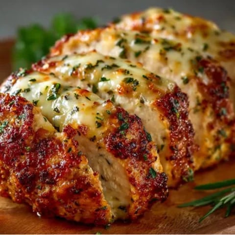 A piece of meatloaf with cheese on top.